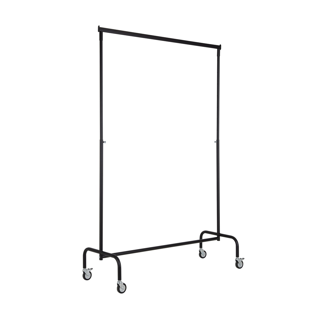 Kledingrek met in hoogte uitschuifbare stangen, zwart poederlak, 140 cm breed op wielen