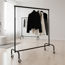 Kledingrek met in hoogte uitschuifbare stangen, zwart poederlak, 140 cm breed op wielen
