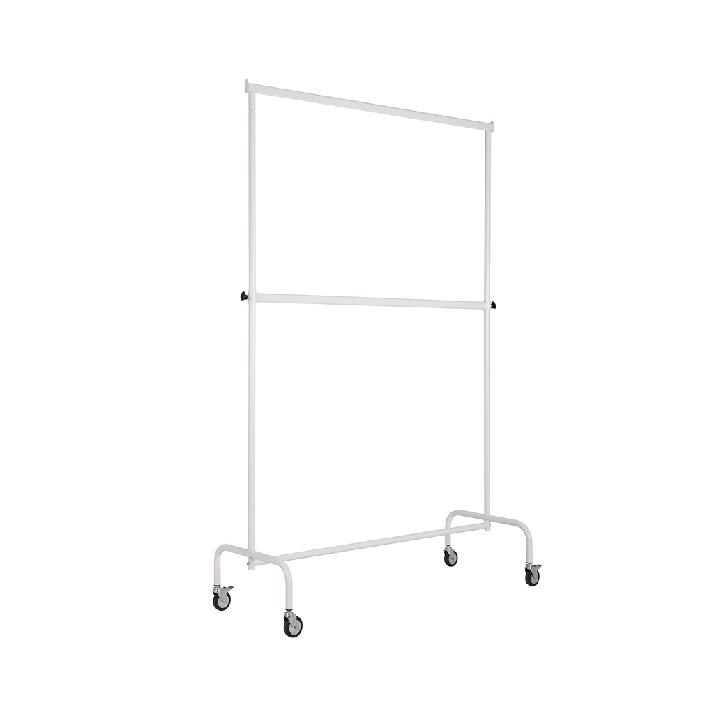 Kledingrek met in hoogte verstelbare tussenbar, wit poederlak, 140 cm breed op wielen