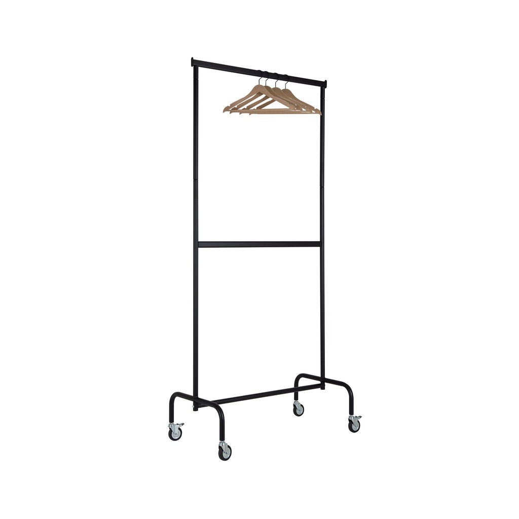 Kledingrek met vaste tussenbar, zwart poederlak, 100 cm breed, op wielen
