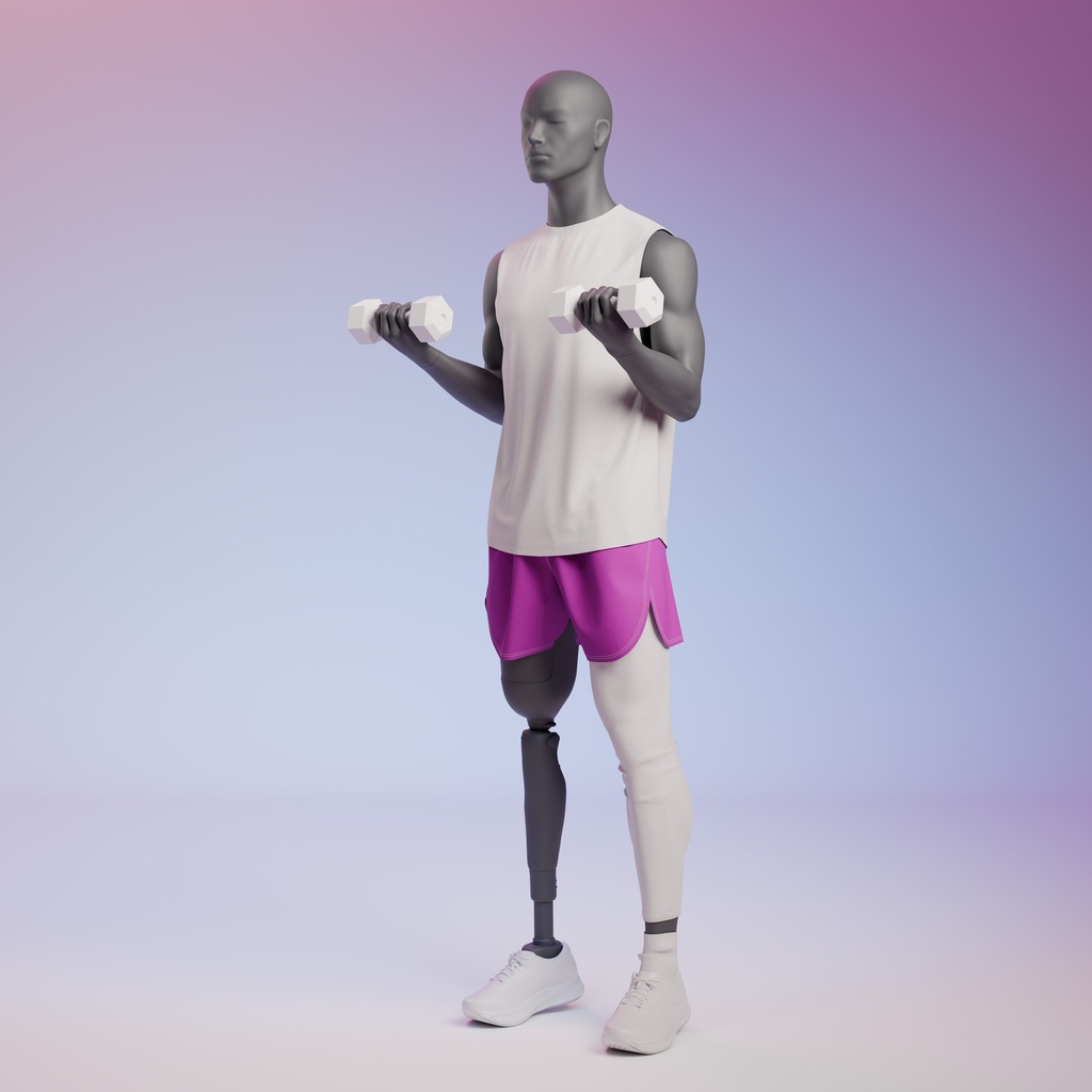 Fitness heren mannequin met prothesebeen, grafiet grijs, gestilleerd hoofd, staande pose 419