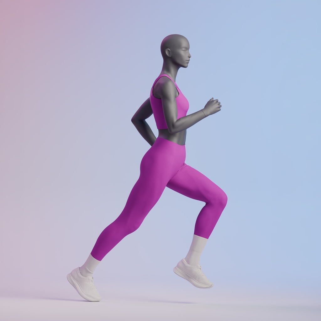 Lopende sport dames mannequin, grafiet grijs, gestilleerd hoofd, staande pose 04