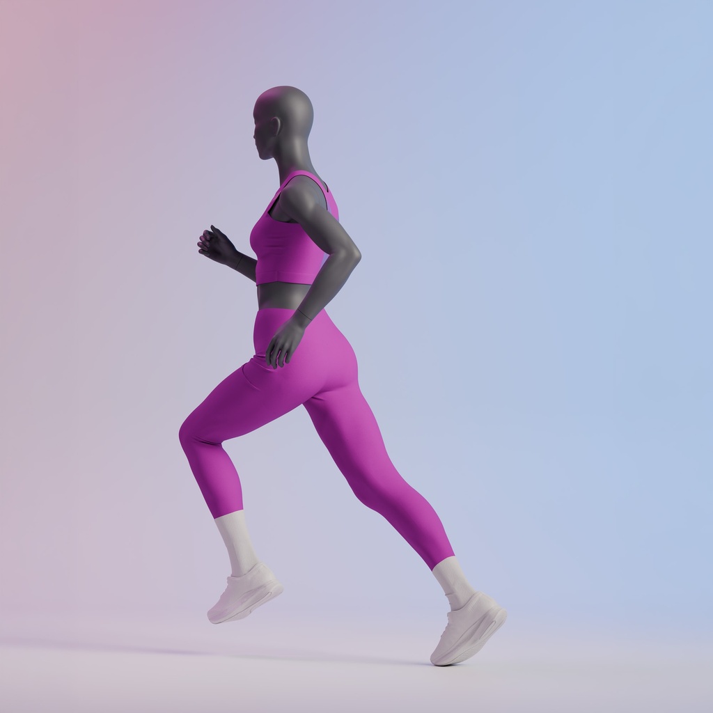 Lopende sport dames mannequin, grafiet grijs, gestilleerd hoofd, staande pose 04