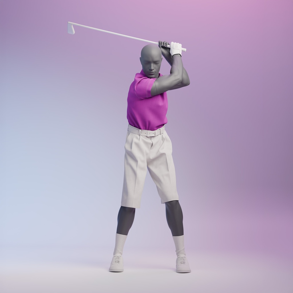 Golf sport heren mannequin, grafiet grijs, gestilleerd hoofd, staande pose 343