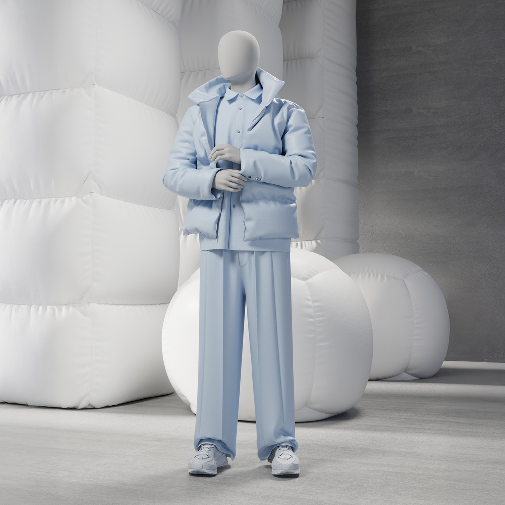 Abstracte grijze herenetalagepop, met abstract hoofd, glazen voetplaat, pose M109