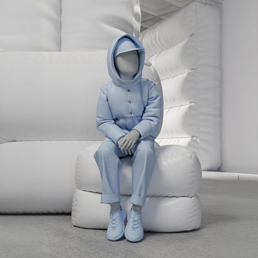 Abstracte grijze kinderetalagepop, met abstract hoofd, 10 jaar, zittend, pose C211