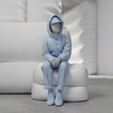 Abstracte grijze kinderetalagepop, met abstract hoofd, 10 jaar, zittend, pose C211