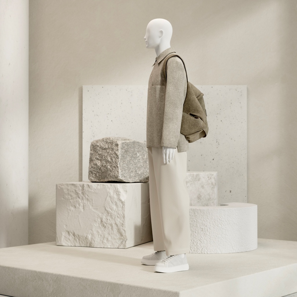 BINK - Basic male window mannequin, semi-abstract head, round tempered glass base, soft clay matt, pose 103