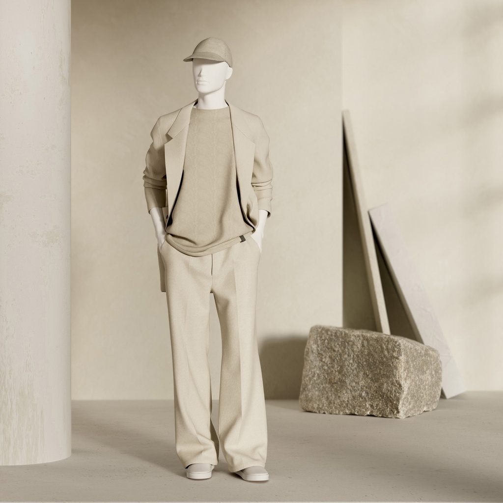 Heren etalage mannequin, met semi abstract hoofd, glazen ronde voetplaat, soft clay mat, pose 106