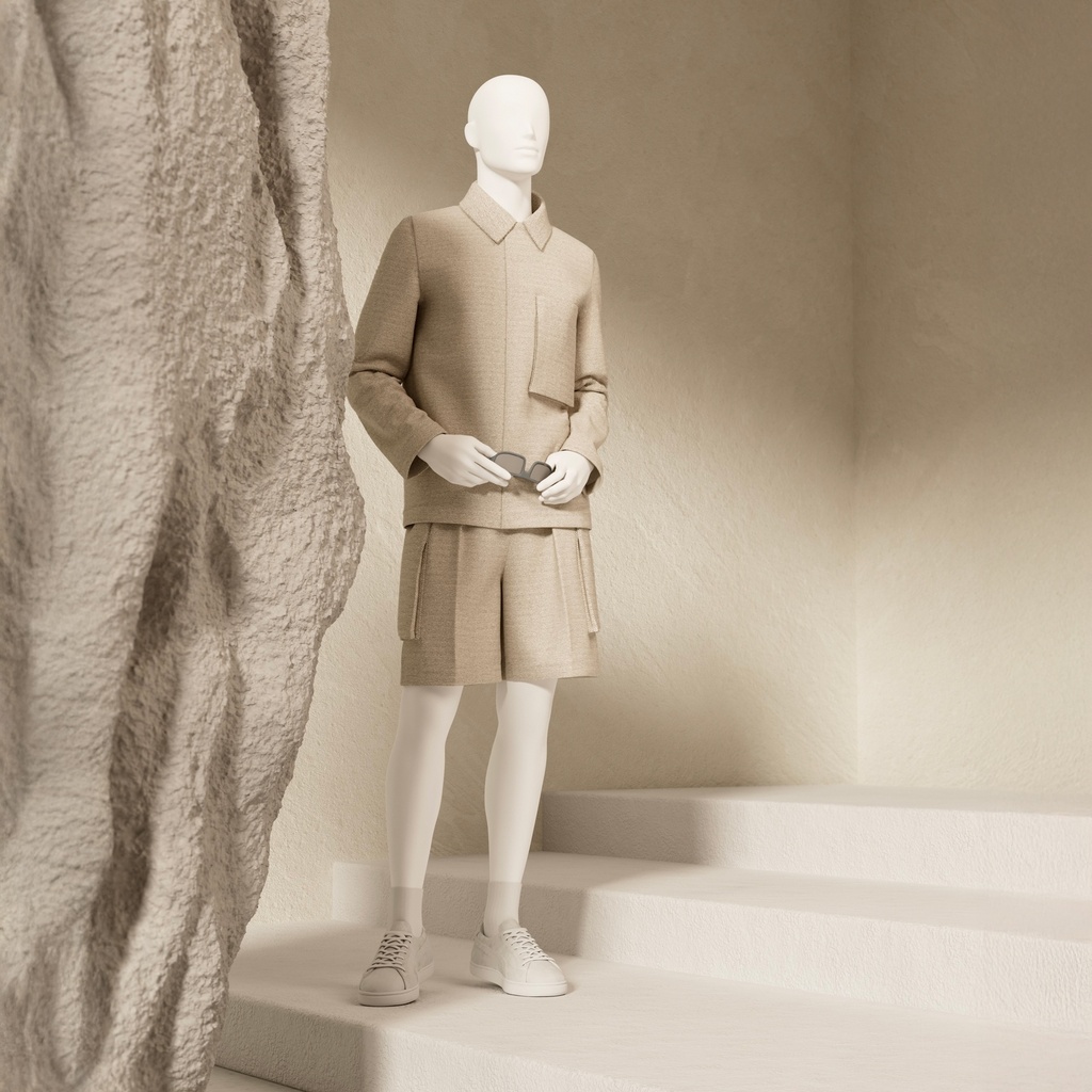 Heren etalage mannequin, met semi abstract hoofd, glazen ronde voetplaat, soft clay mat, pose 111