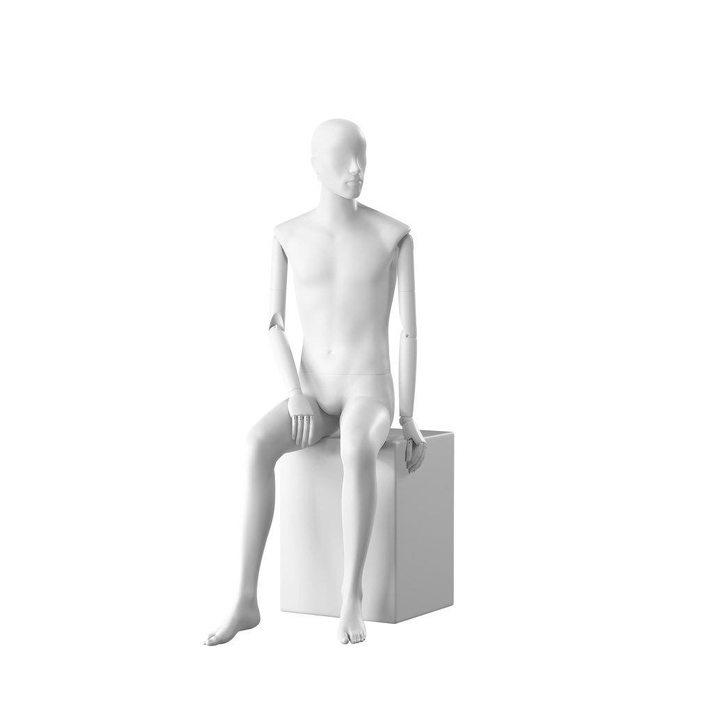 BINK - Stylish male mannequin, semi-abstract head, EU48, colour white, Mirror Mirror, seated pose MM203