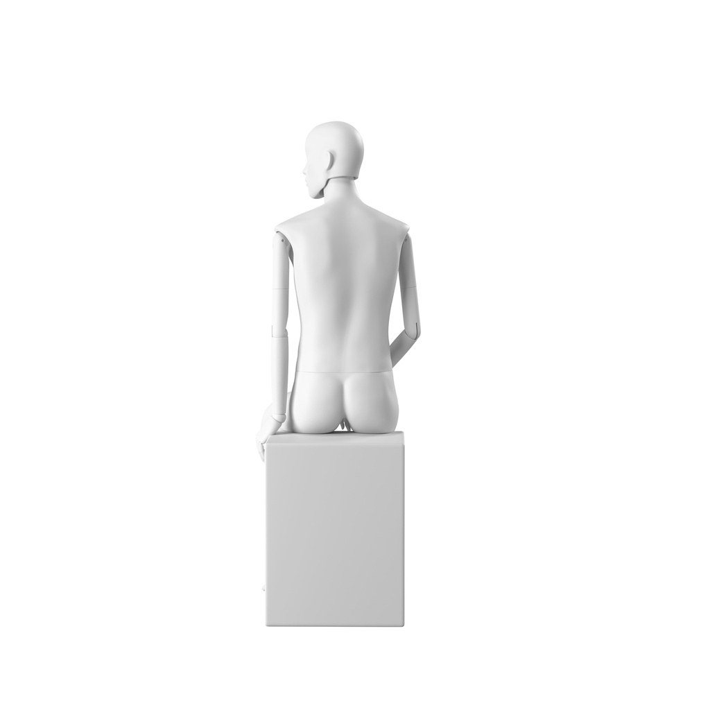 BINK - Stylish male mannequin, semi-abstract head, EU48, colour white, Mirror Mirror, seated pose MM203