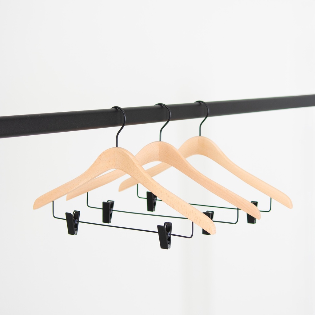 Beukenhouten kledinghanger met clips, 44 cm breedte, zwarte haak en clips - doos van 50 stuks