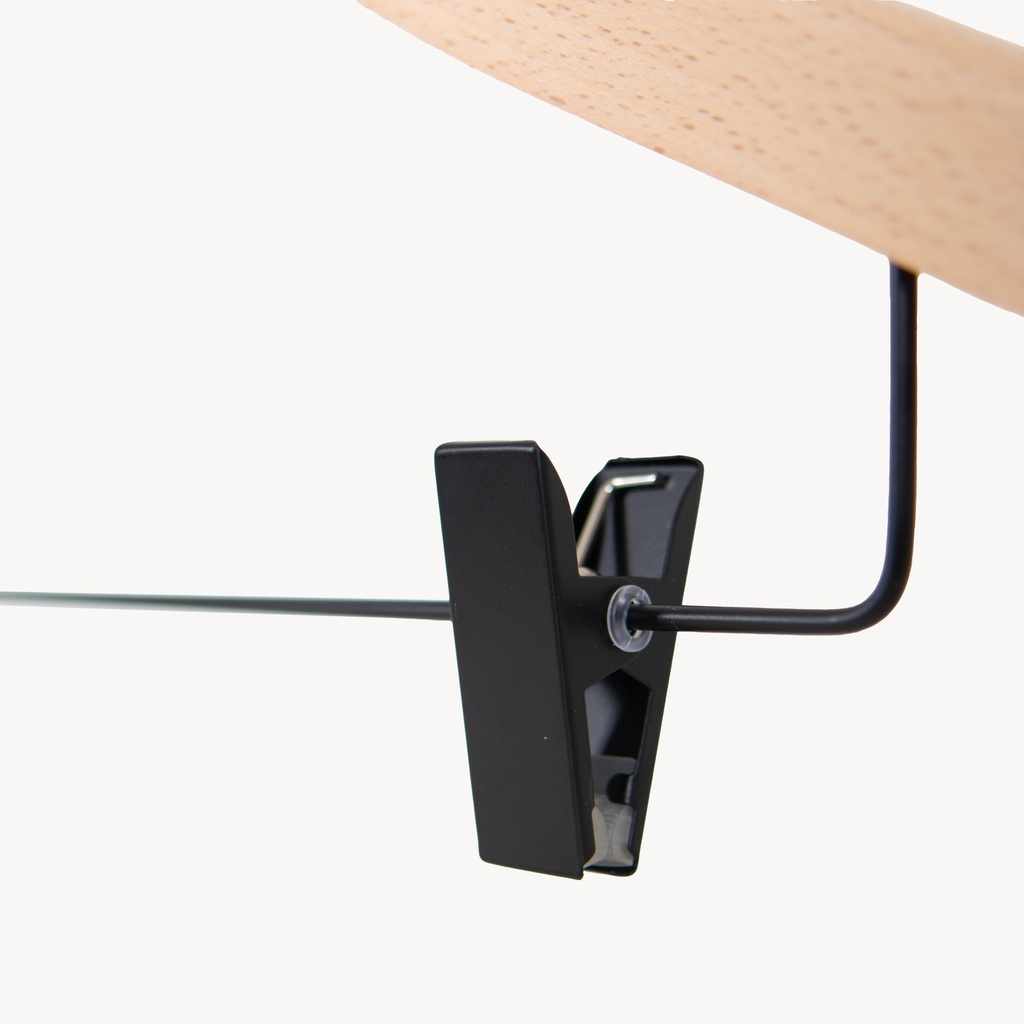 Beukenhouten kledinghanger met clips, 44 cm breedte, zwarte haak en clips - doos van 50 stuks