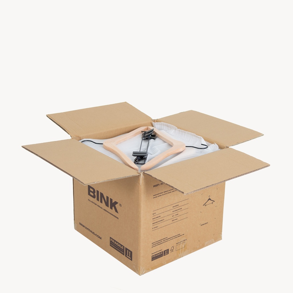 Beukenhouten kledinghanger met clips, 44 cm breedte, zwarte haak en clips - doos van 50 stuks