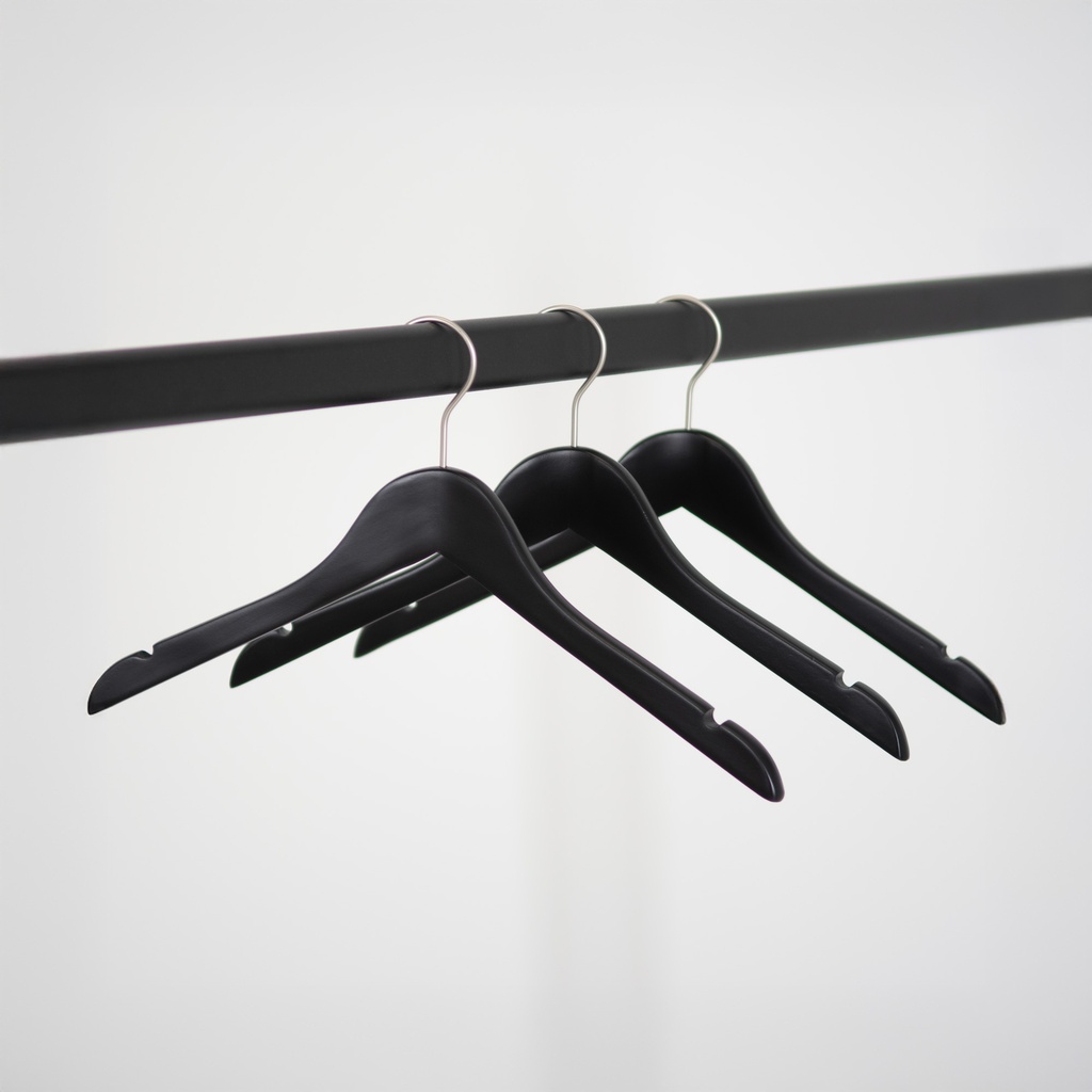 Zwarte kledinghanger, breedte 38 cm, lotus hout, nikkel haak - doos van 100 stuks