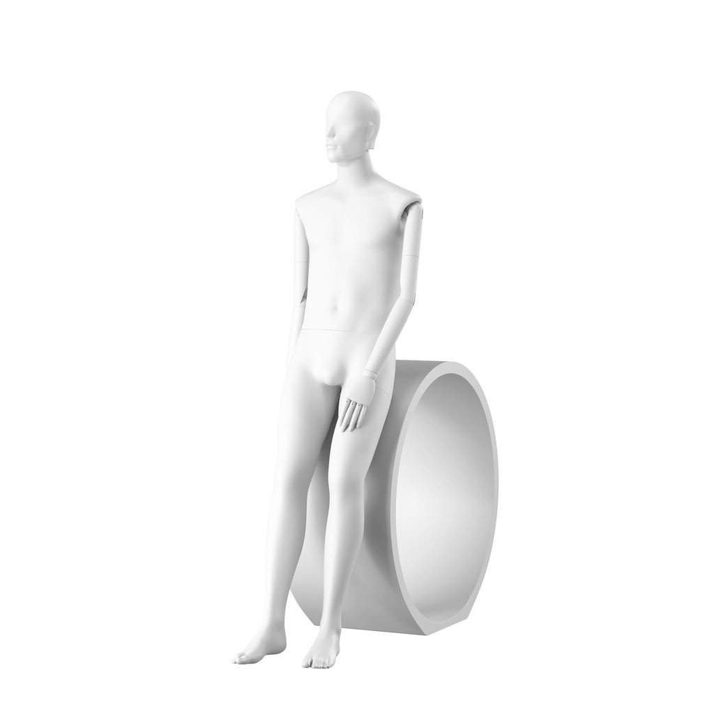 BINK - Stylish male mannequin, semi-abstract head, EU48, colour white, Mirror Mirror, seated pose MM204