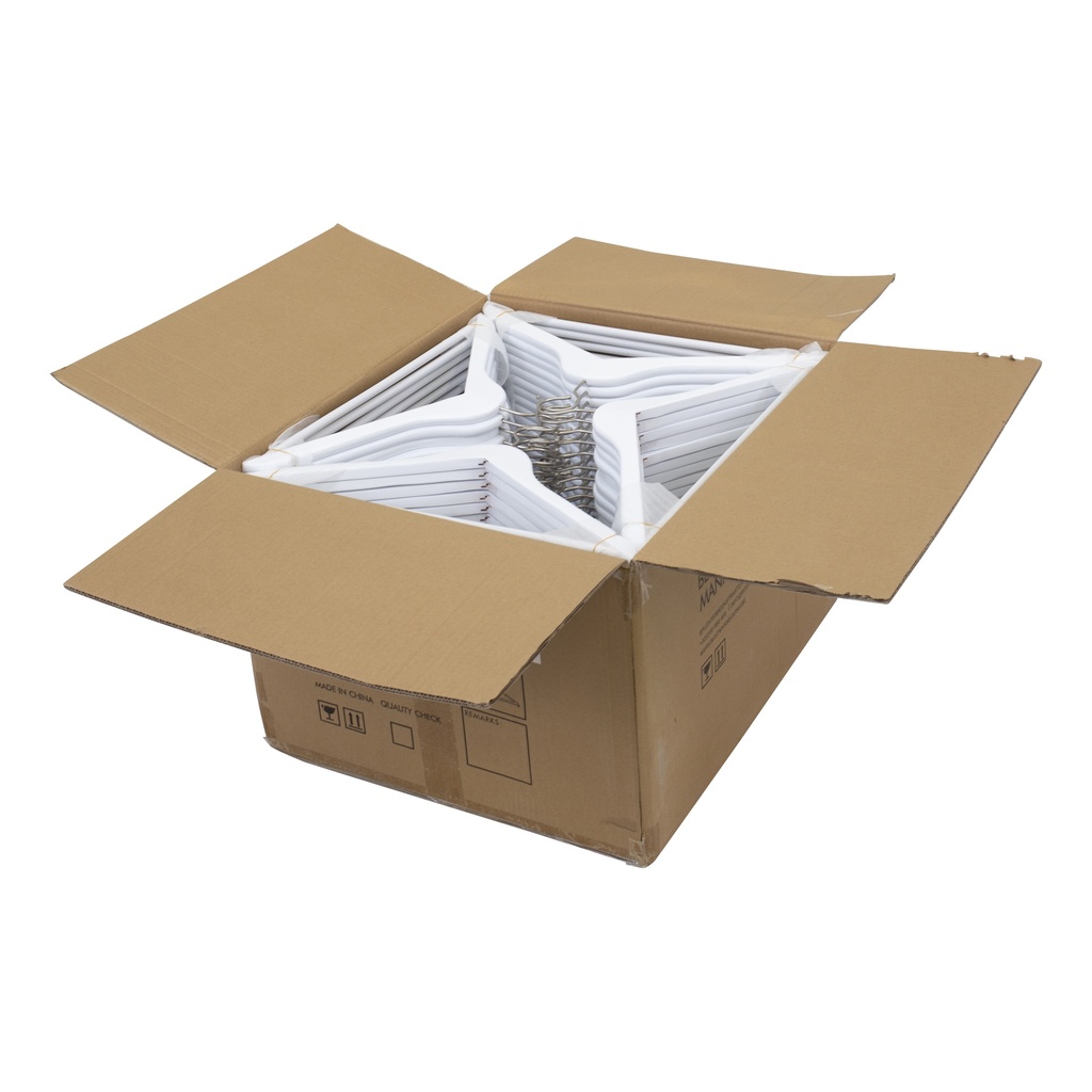 Witte kapstok met broeklat voor volwassenen, 44 cm breedte, nikkel haak - doos van 100 stuks.