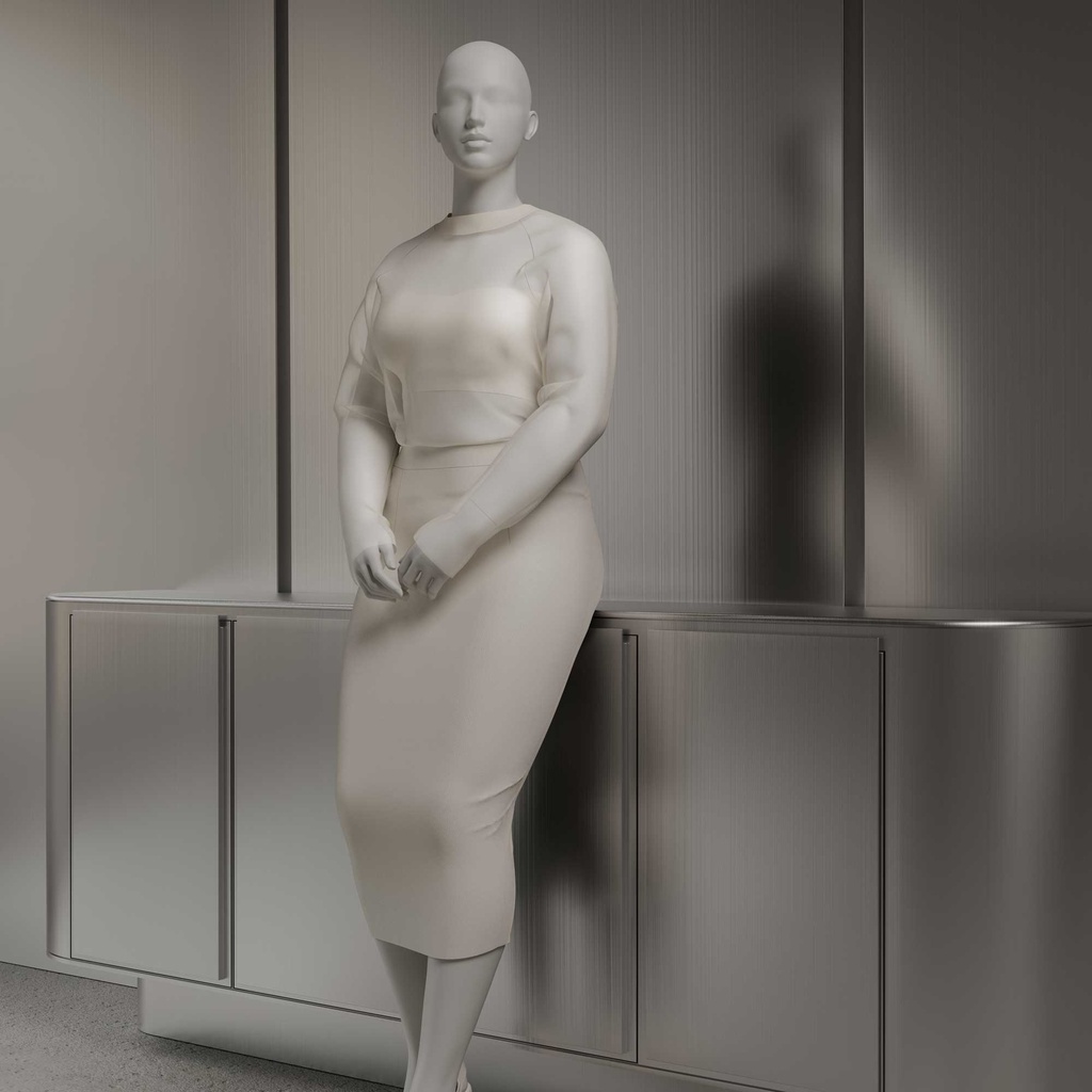 Dames paspop met grote maat, semi-abstract hoofd, confectiemaat 44EU, wit mat, leunende pose 02
