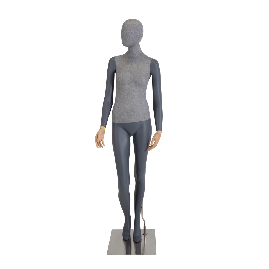 BINK - Female mannequin, covered in fabric, gray, with wooden hands, metal base