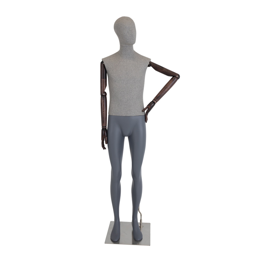 BINK - Male mannequin, covered in fabric, gray, with wooden arms, metal base