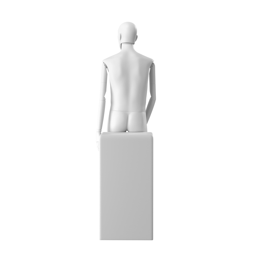 BINK - Stylish male mannequin, semi-abstract head, EU48, colour white, Mirror Mirror, seated pose MM204