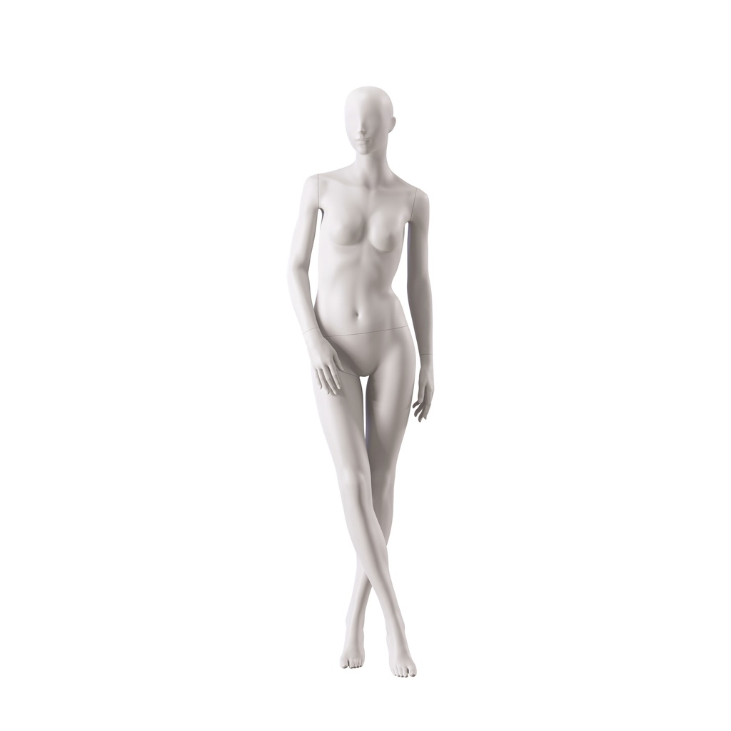 BINK - Basic female window mannequin, semi-abstract head, round tempered glass base, soft clay matt, pose 001