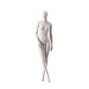 Basic female window mannequin, semi-abstract head, round tempered glass base, soft clay matt, pose 001