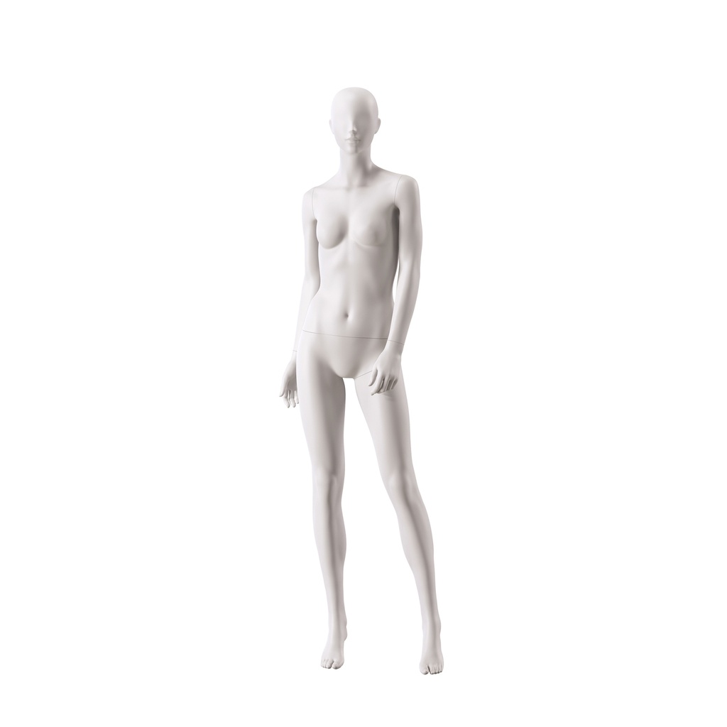BINK - Basic female window mannequin, semi-abstract head, round tempered glass base, soft clay matt, pose 003