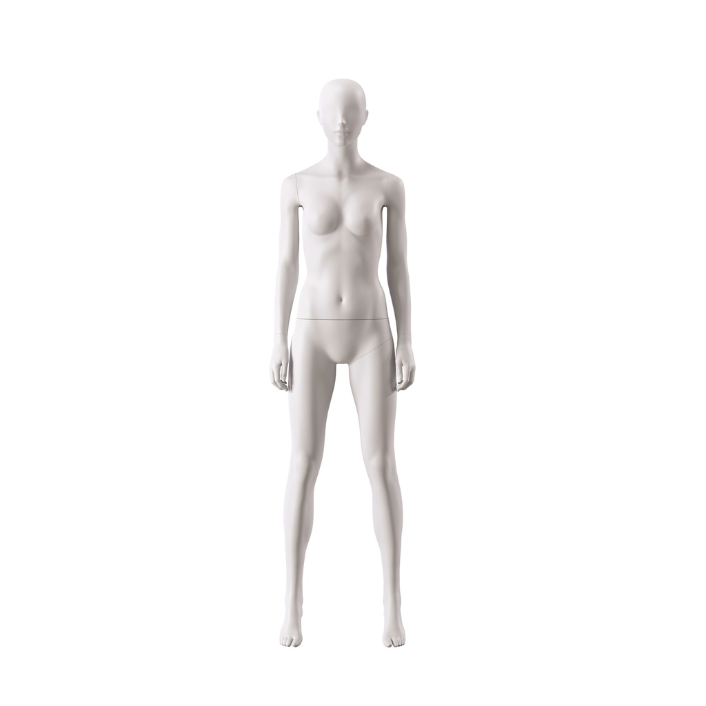 BINK - Basic female window mannequin, semi-abstract head, round tempered glass base, soft clay matt, pose 005