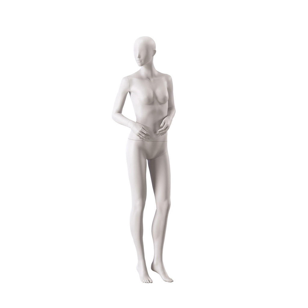 BINK - Basic female window mannequin, semi-abstract head, round tempered glass base, soft clay matt, pose 006