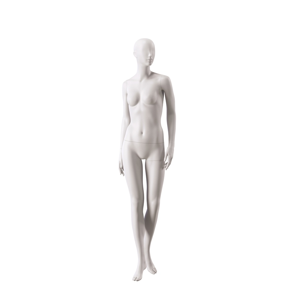 BINK - Basic female window mannequin, semi-abstract head, round tempered glass base, soft clay matt, pose 012