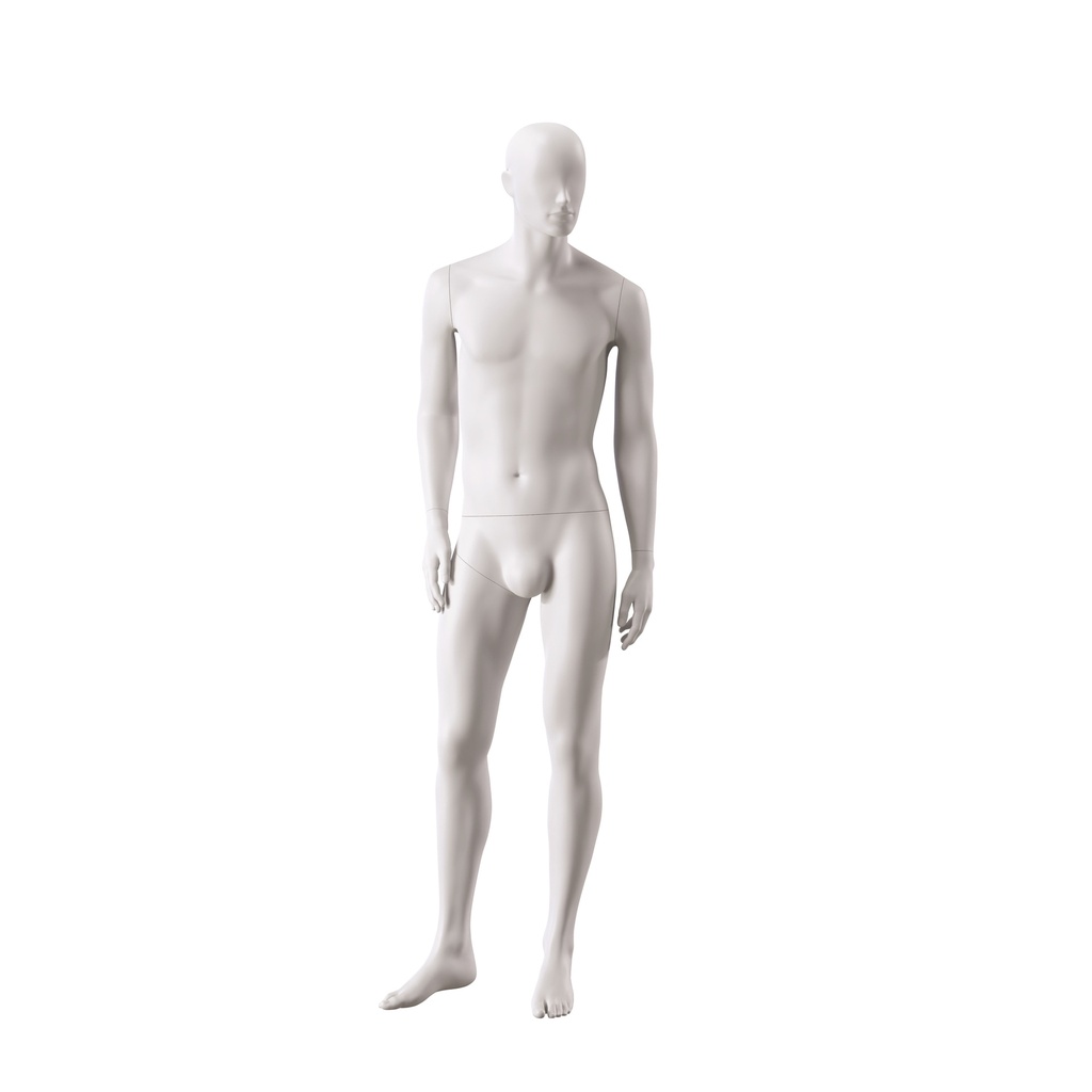 Basic male window mannequin, semi-abstract head, round tempered glass base, soft clay matt, pose 102