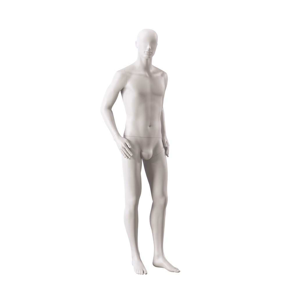 BINK - Basic male window mannequin, semi-abstract head, round tempered glass base, soft clay matt, pose 106
