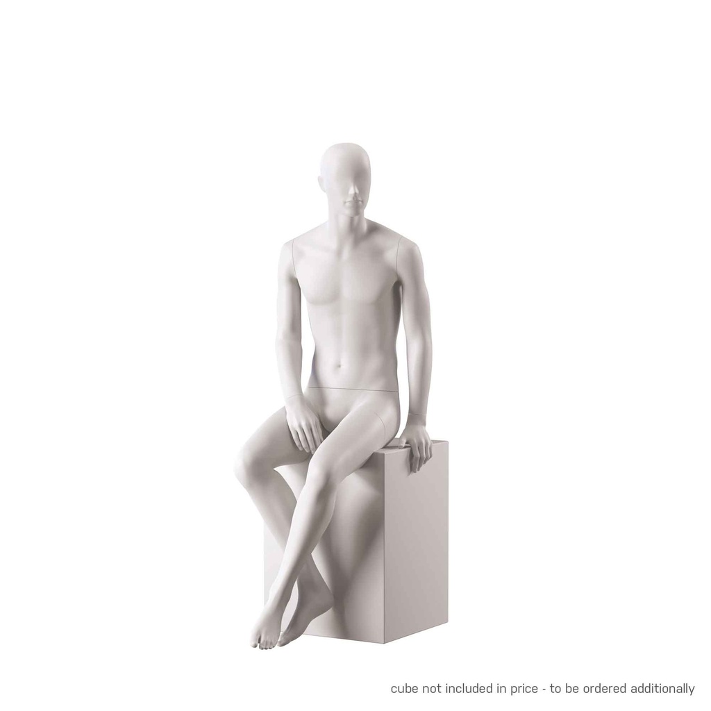 BINK - Basic male window mannequin, semi-abstract head, round tempered glass base, soft clay matt, pose 107