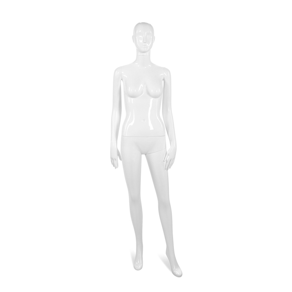 Unbreakable women's mannequin, semi-abstract head, recyclable mannequin made of ABS plastic, glossy white, pose 19