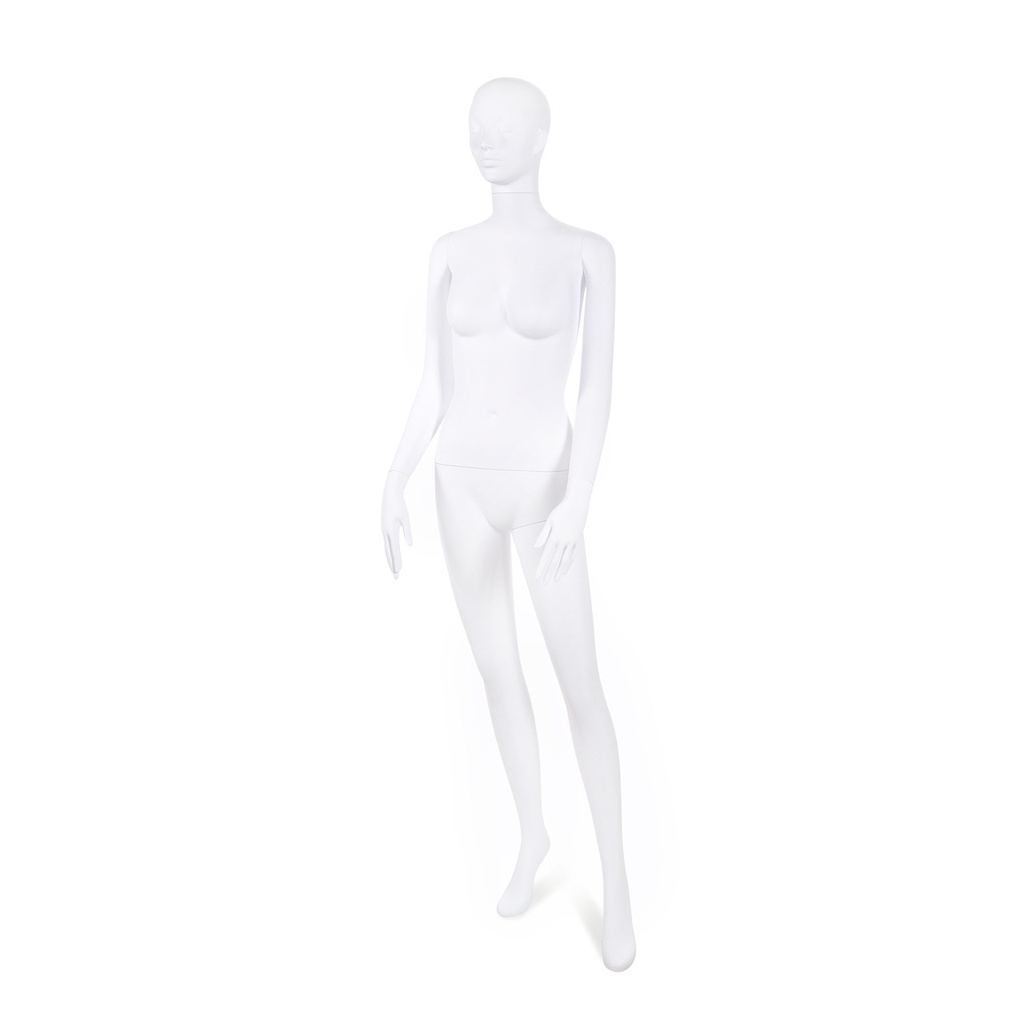 Unbreakable female mannequin, semi-abstract head, recyclable mannequin made from ABS plastic, matte white, pose 19