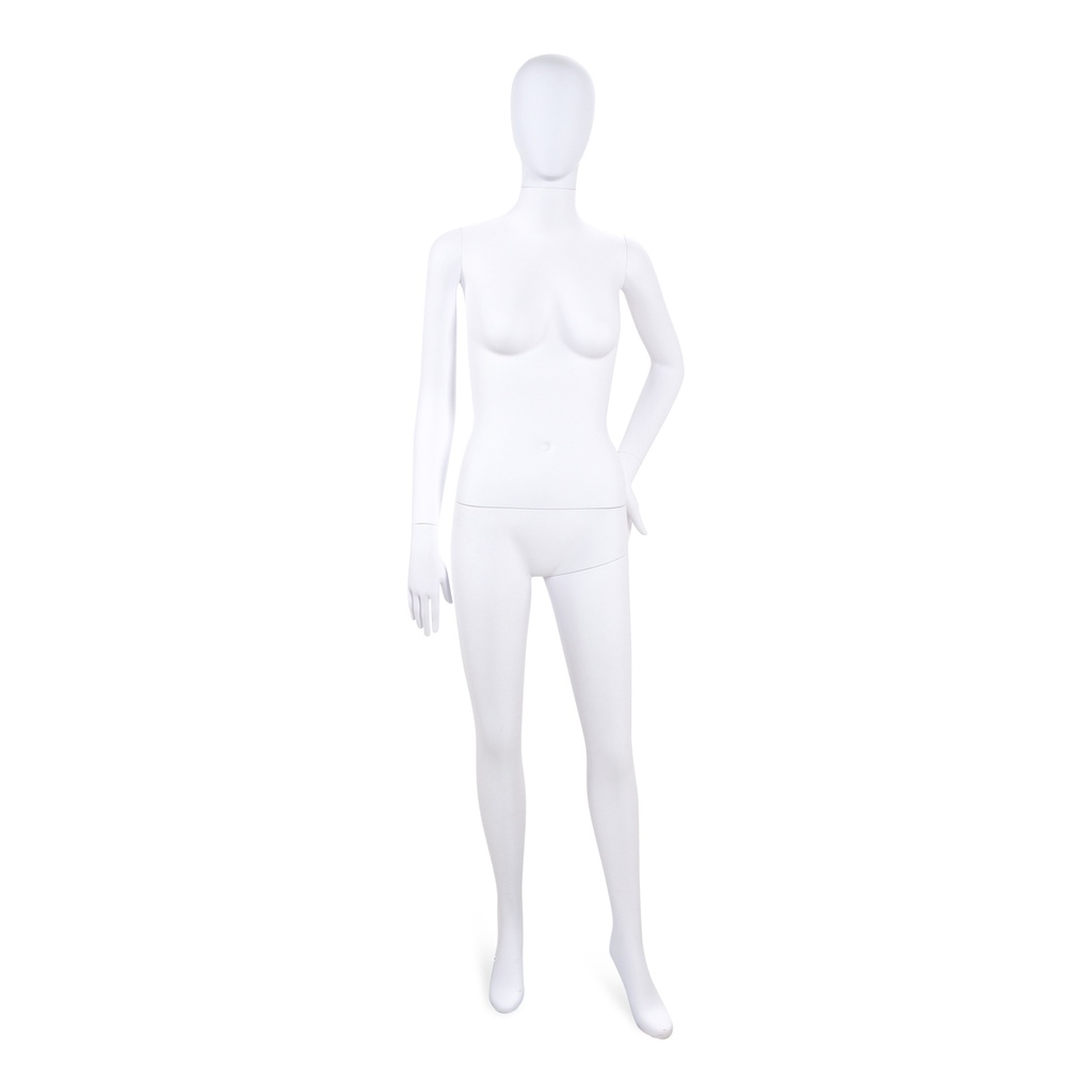 Unbreakable female mannequin, abstract head, recyclable mannequin made from ABS plastic, matte white, pose 20
