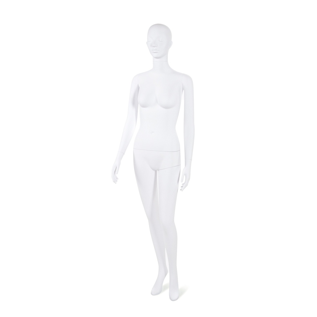 Unbreakable female mannequin, semi-abstract head, recyclable mannequin made from ABS plastic, matte white, pose 37