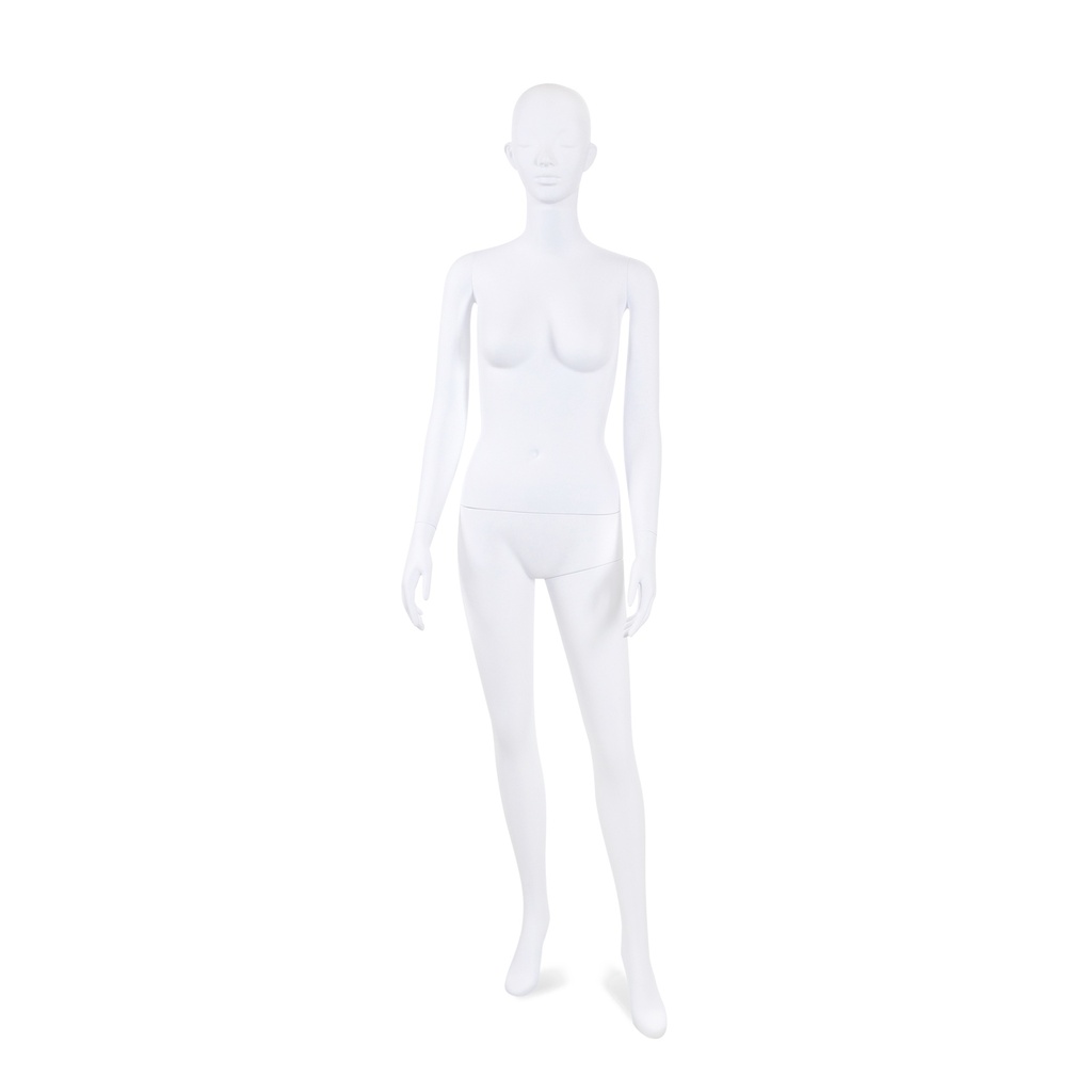 Unbreakable female mannequin, semi-abstract head, recyclable mannequin made from ABS plastic, matte white, pose 42