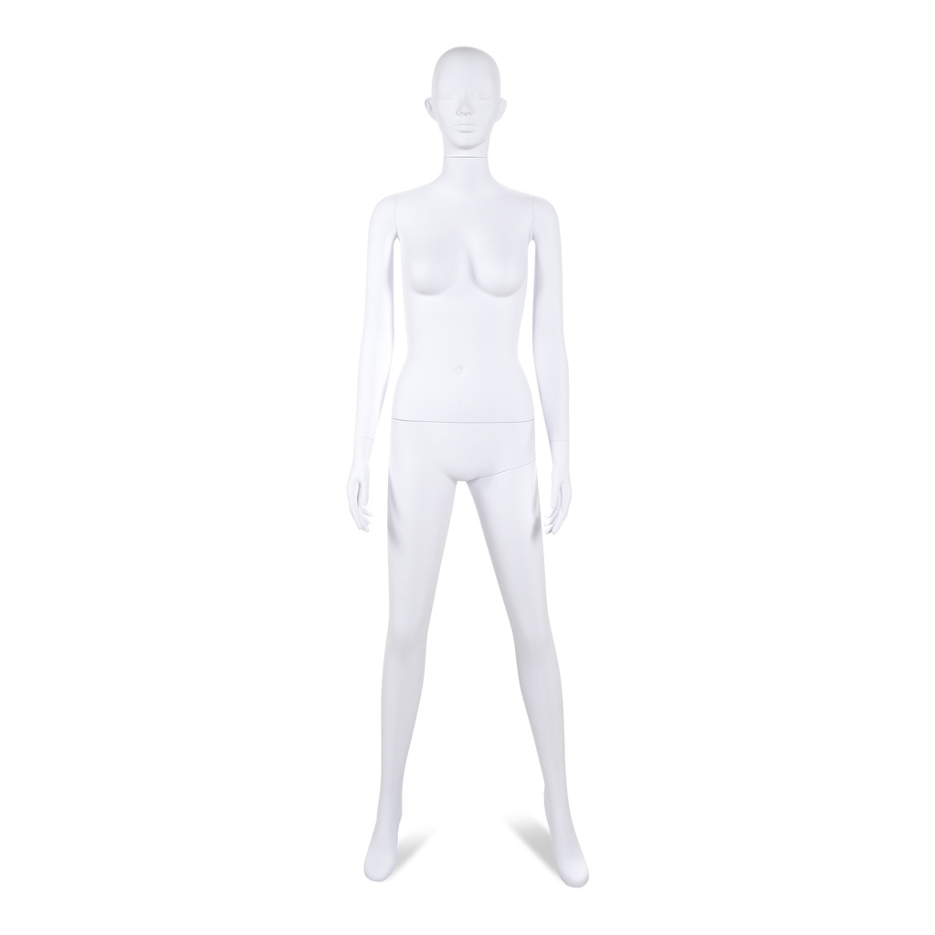 Unbreakable female mannequin, semi-abstract head, recyclable mannequin made from ABS plastic, matte white, pose 43