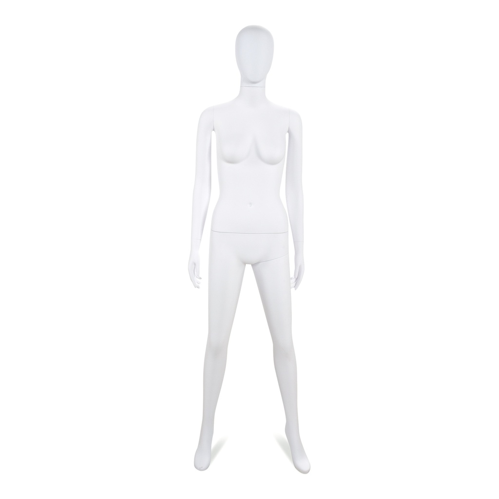 Unbreakable female mannequin, abstract head, recyclable mannequin made from ABS plastic, matte white, pose 43