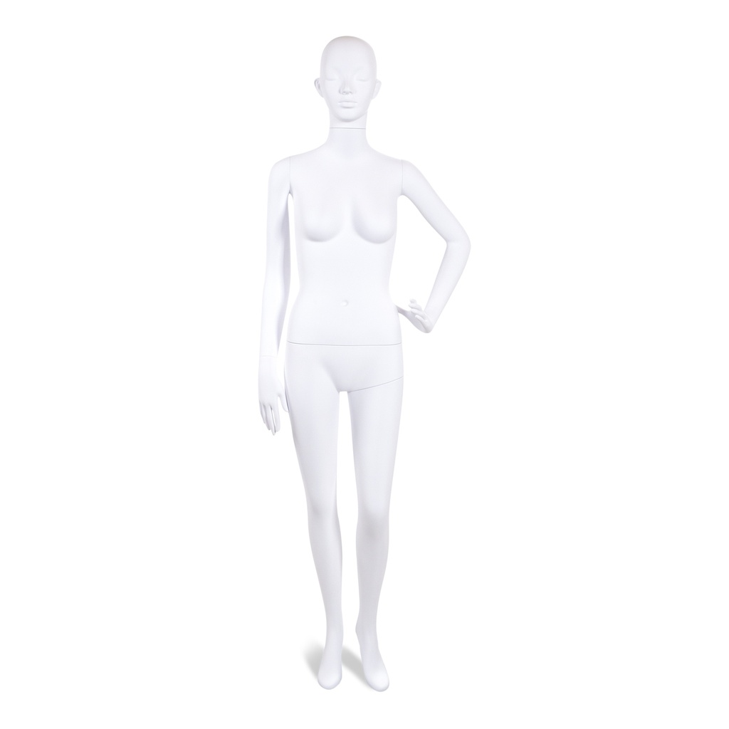 Unbreakable female mannequin, semi-abstract head, recyclable mannequin made from ABS plastic, matte white, pose 44