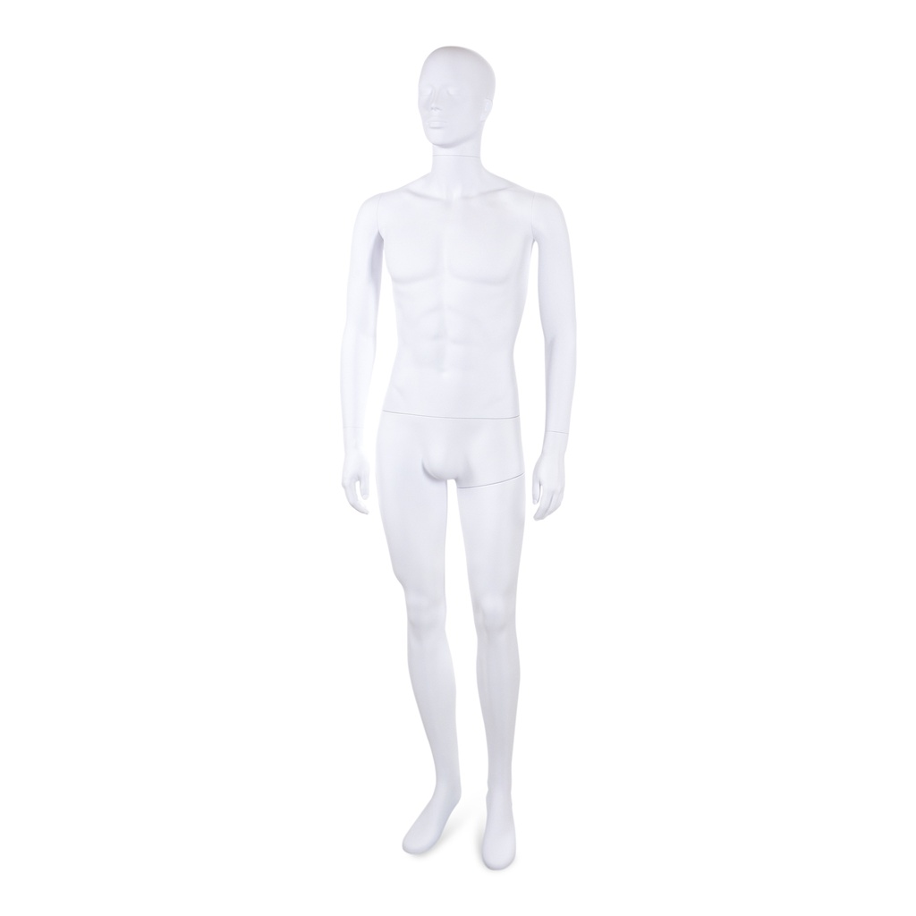 Unbreakable male mannequin, semi-abstract head, recyclable mannequin made from ABS plastic, matte white, pose 05