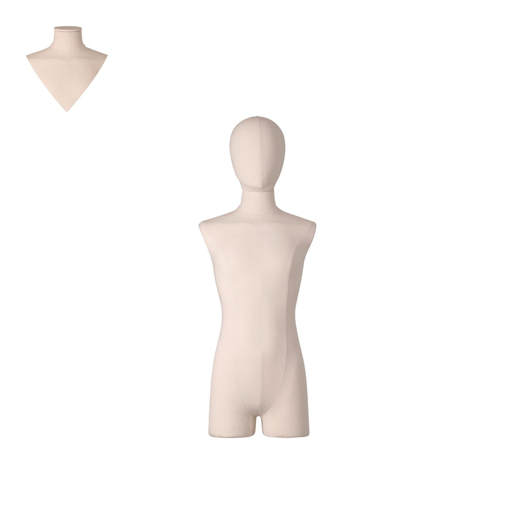 BINK - Dress form with legs, child, 12 years, covered with ecru woven fabric, removable abstract head