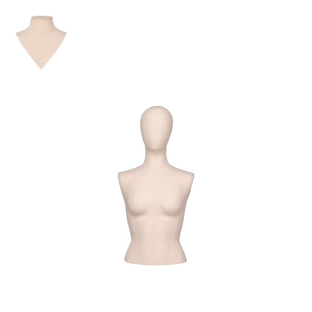 BINK - Dress form, short model, female, size 38, covered with ecru woven fabric, removable abstract head
