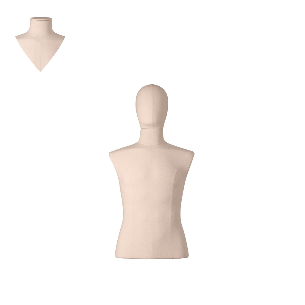 Male dress form cut at hips, size M, covered with ecru woven fabric, removable head