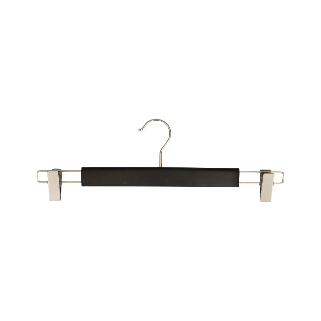 BINK - Black clothes hanger with clips for trousers/skirs, lotus wood, matt black finish, 38 cm, matt hook - box of 100 pcs