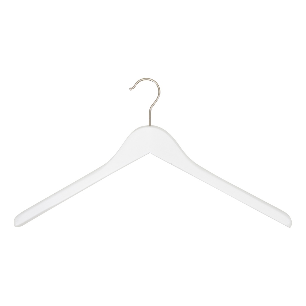 White clothes hanger for blazer, 3 cm shoulder width, 44 cm, lotus wood, white matt finish, matt hook - box of 50 pcs