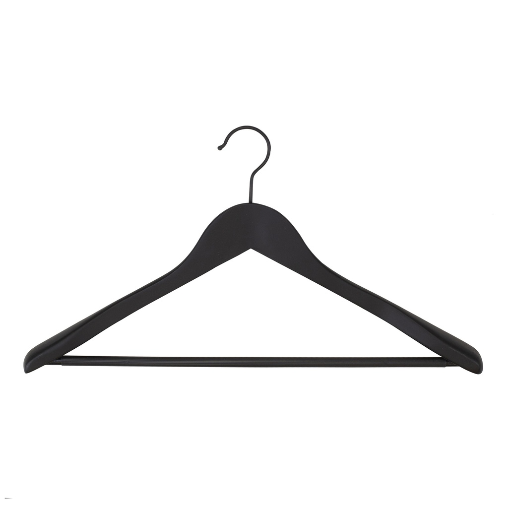 Soft touch clothes hanger for blazer and with trouser bar, 3 cm shoulder width, 44 cm, black, black hook - box of 50 pcs